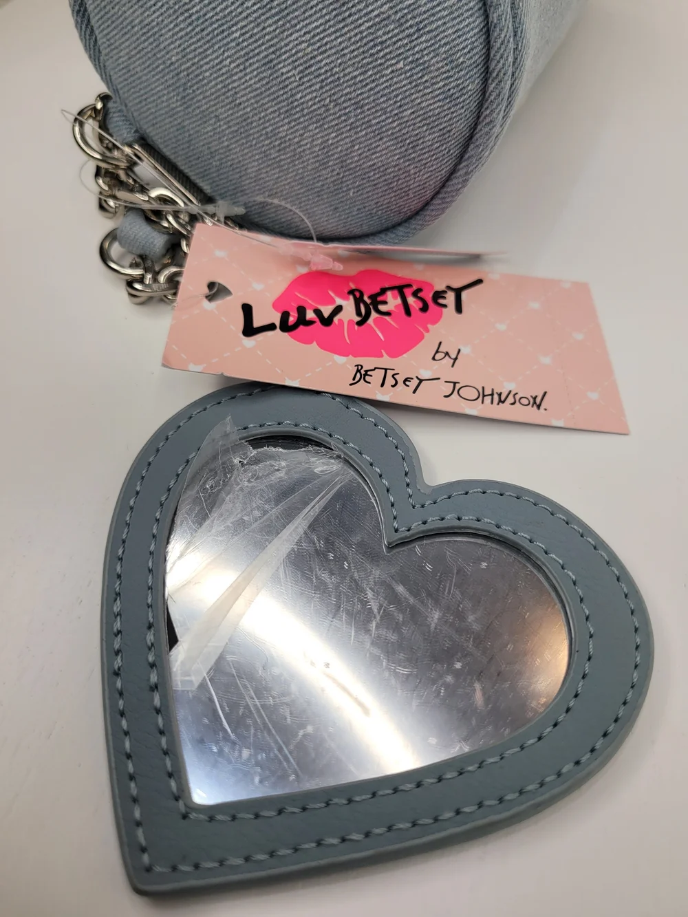 👉✨️ Betsey Johnson Light Blue Denim Studded Barrel Shoulder Bag